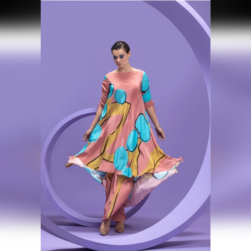 Nautanky Pink Abstract Print Tunic With Pants Set